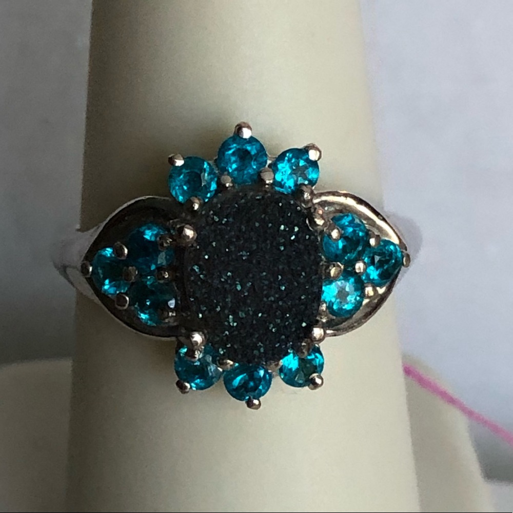 Deep Aqua Drusy Quartz & Neon Apatite in Platinum over Sterling Silver Ring